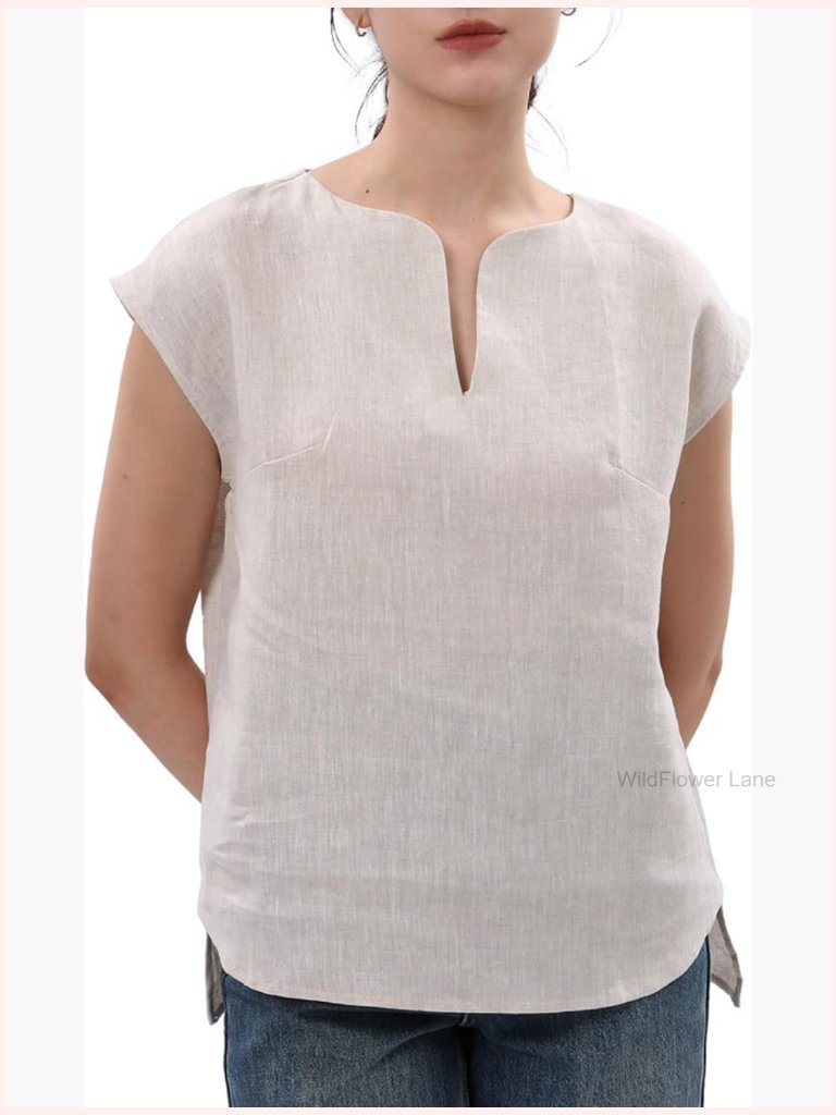 100% Linen Cap Sleeve Blouse V Neck Casual Summer Top Relaxed Fit